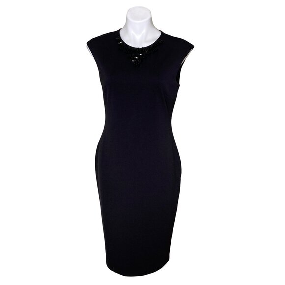 Tahari ASL NWT $169 Black Beaded Knit Cocktail Sheath Dress, Women's Size 8 - Picture 1 of 9